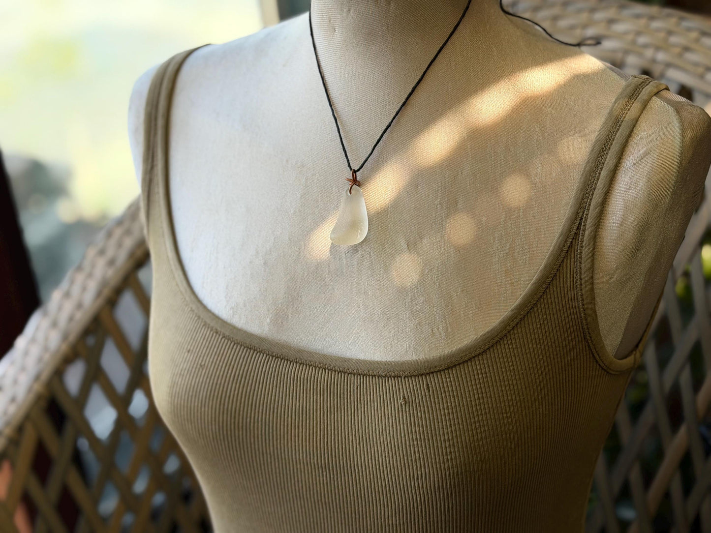 White sea glass necklace wrapped in recycled copper. Recycled necklace. Ethical jewellery. Sea glass pendant. Eco friendly necklace. Boho