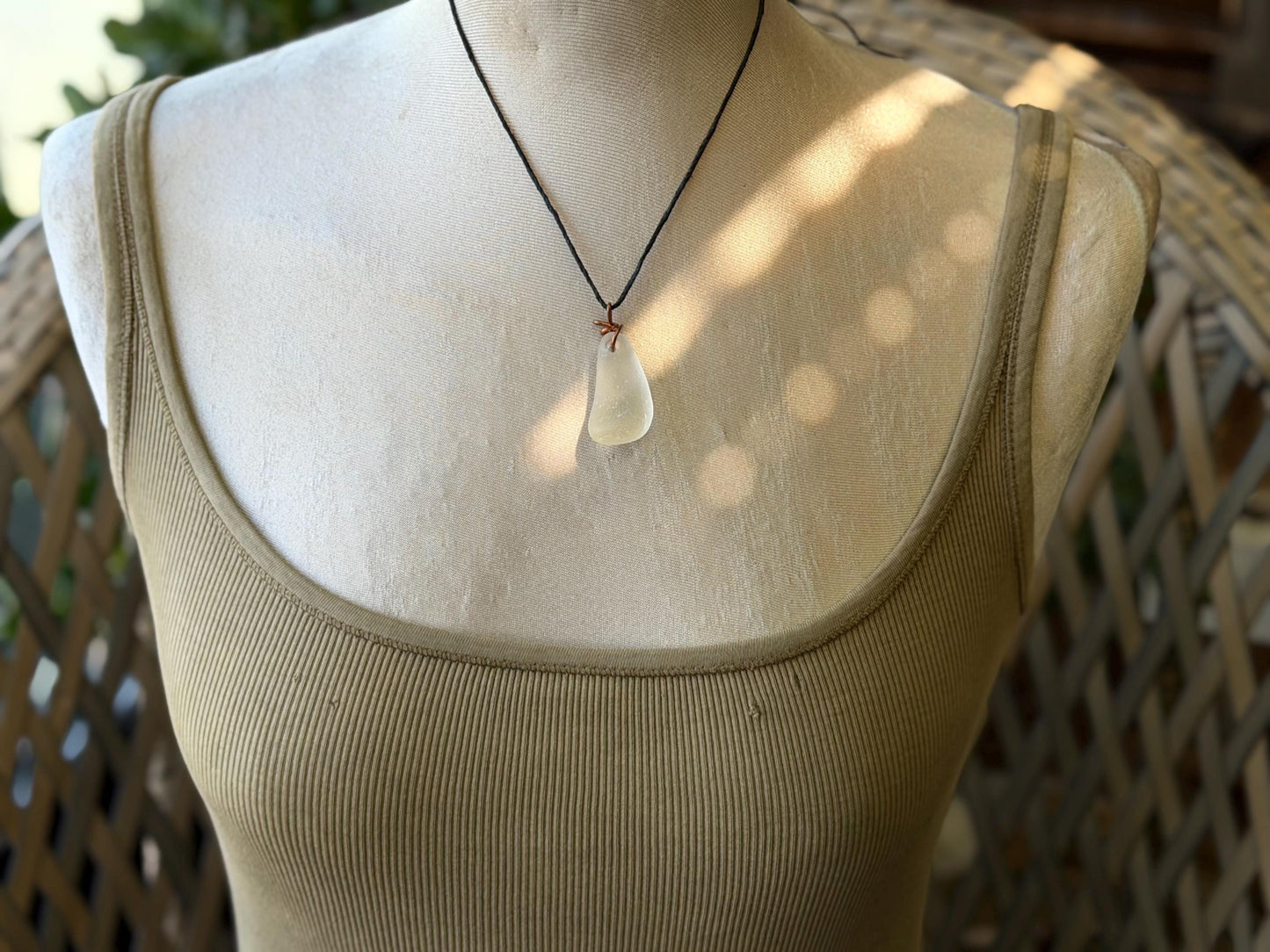 White sea glass necklace wrapped in recycled copper. Recycled necklace. Ethical jewellery. Sea glass pendant. Eco friendly necklace. Boho