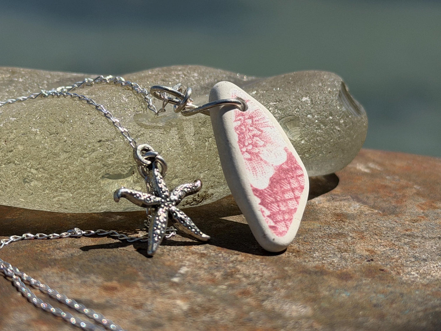 Eco friendly sea ceramic necklace on a sterling silver chain. Eco friendly jewellery, ethical jewellery. Eco friendly necklace.