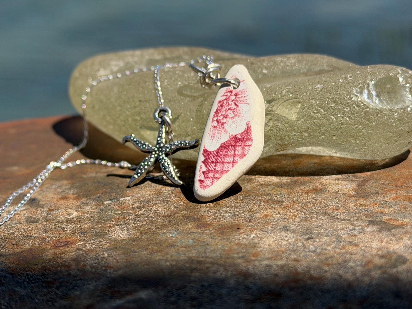 Eco friendly sea ceramic necklace on a sterling silver chain. Eco friendly jewellery, ethical jewellery. Eco friendly necklace.