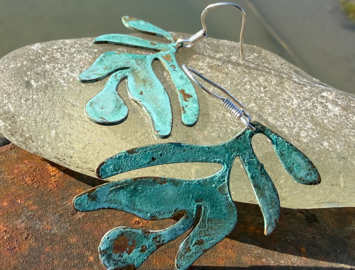 Handmade leaf earrings. Rustic earrings, unusual earrings, unusual gift for her, blue earrings, boho earrings, leaf jewellery, hippy gift