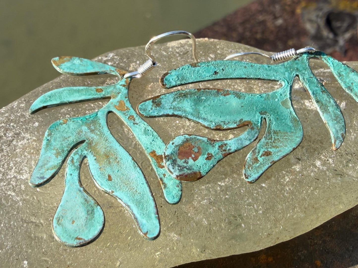 Handmade leaf earrings. Rustic earrings, unusual earrings, unusual gift for her, blue earrings, boho earrings, leaf jewellery, hippy gift