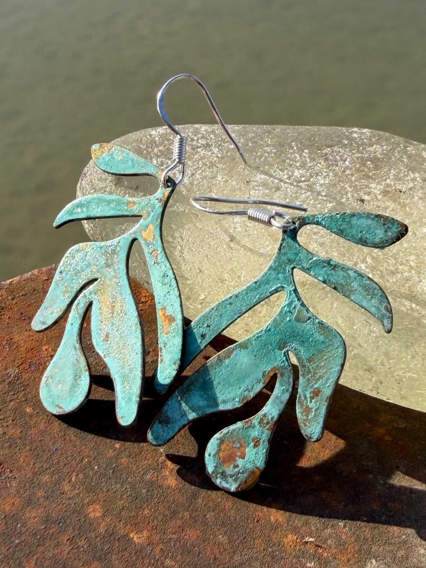Handmade leaf earrings. Rustic earrings, unusual earrings, unusual gift for her, blue earrings, boho earrings, leaf jewellery, hippy gift