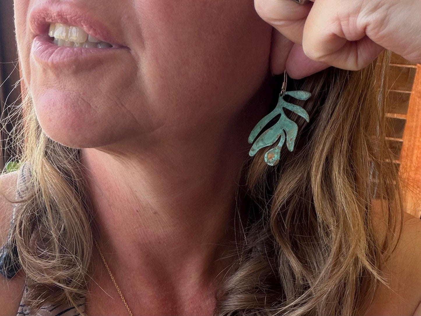 Handmade leaf earrings. Rustic earrings, unusual earrings, unusual gift for her, blue earrings, boho earrings, leaf jewellery, hippy gift