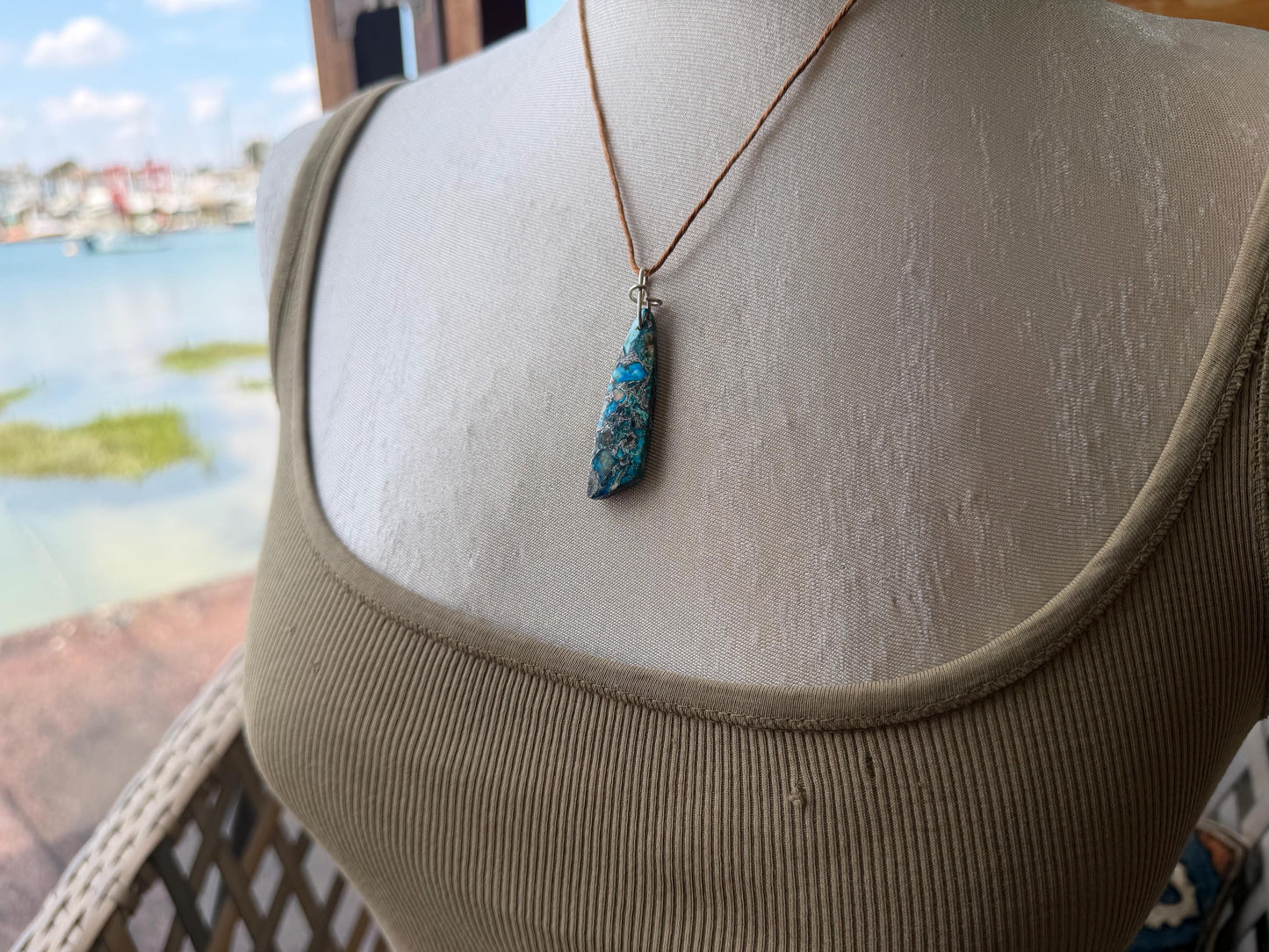 Sea sediment blue jasper gemstone necklace. Ethical jewellery, unusual gemstone pendants. Stunning unique jewellery. Unique gifts.