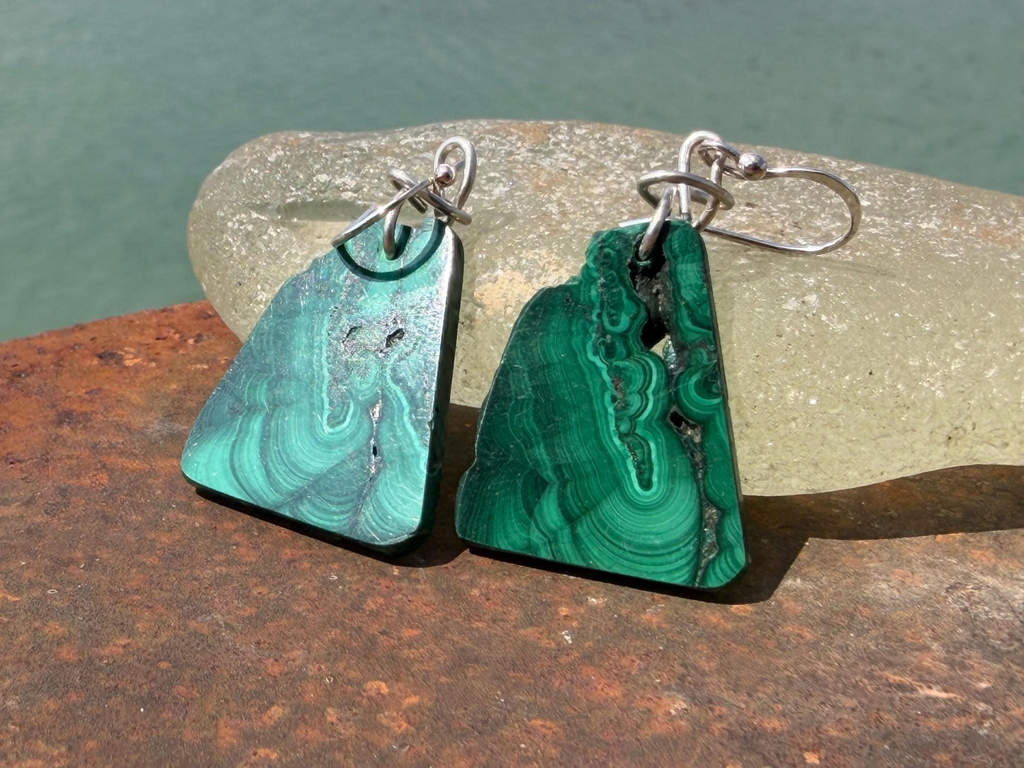 Silver earrings, boho earrings, unusual gift for her, malachite earrings, malachite jewellery, green gemstone earrings. Unusual jewellery