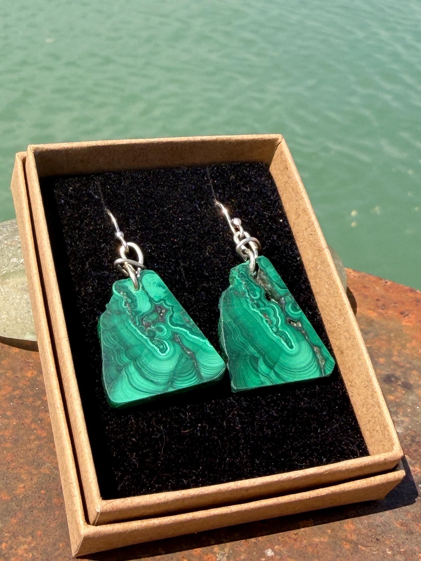 Silver earrings, boho earrings, unusual gift for her, malachite earrings, malachite jewellery, green gemstone earrings. Unusual jewellery