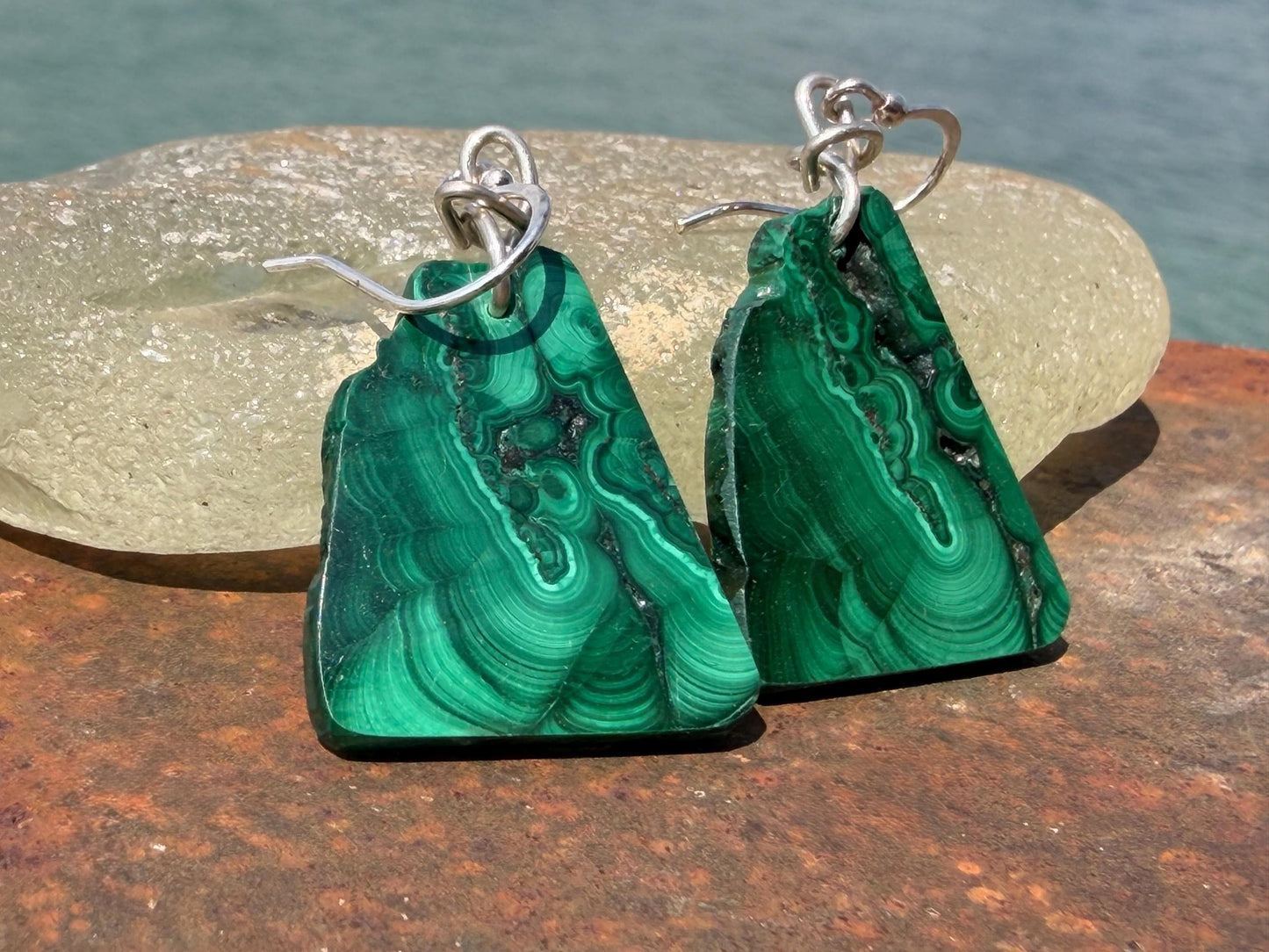 Silver earrings, boho earrings, unusual gift for her, malachite earrings, malachite jewellery, green gemstone earrings. Unusual jewellery