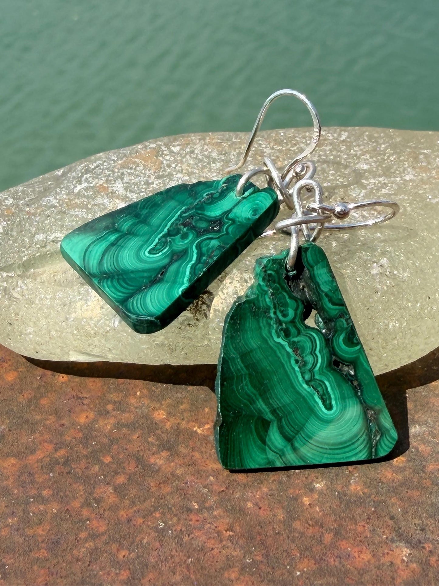 Silver earrings, boho earrings, unusual gift for her, malachite earrings, malachite jewellery, green gemstone earrings. Unusual jewellery