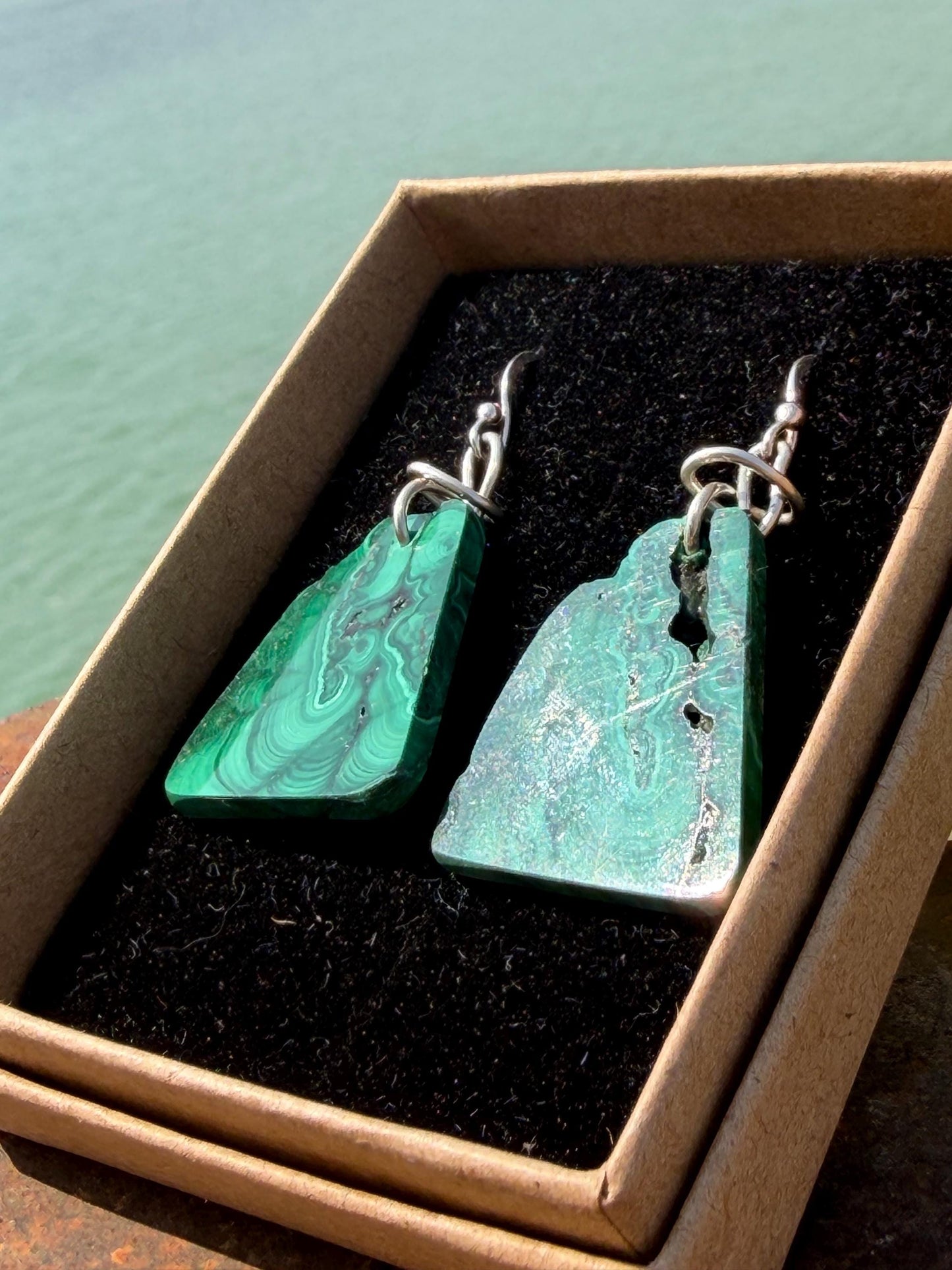 Silver earrings, boho earrings, unusual gift for her, malachite earrings, malachite jewellery, green gemstone earrings. Unusual jewellery