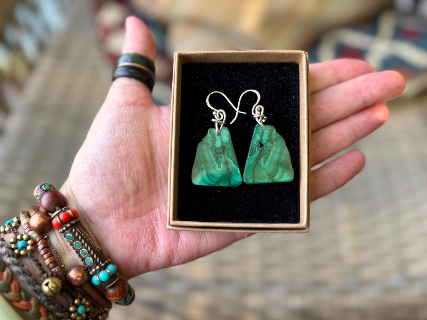 Silver earrings, boho earrings, unusual gift for her, malachite earrings, malachite jewellery, green gemstone earrings. Unusual jewellery