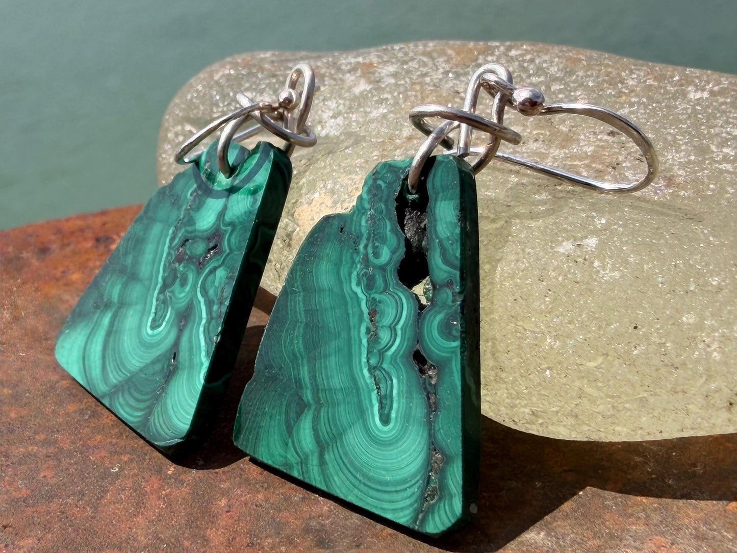 Silver earrings, boho earrings, unusual gift for her, malachite earrings, malachite jewellery, green gemstone earrings. Unusual jewellery