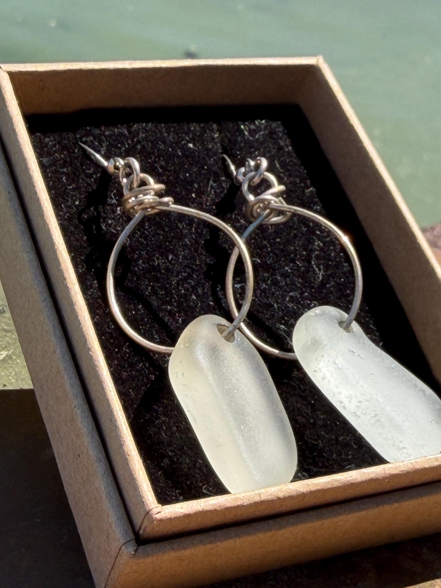 Handmade earrings.  Recycled earrings, sea glass earrings on sterling silver. Handmade gift for her, ethical jewellery, sea glass jewellery