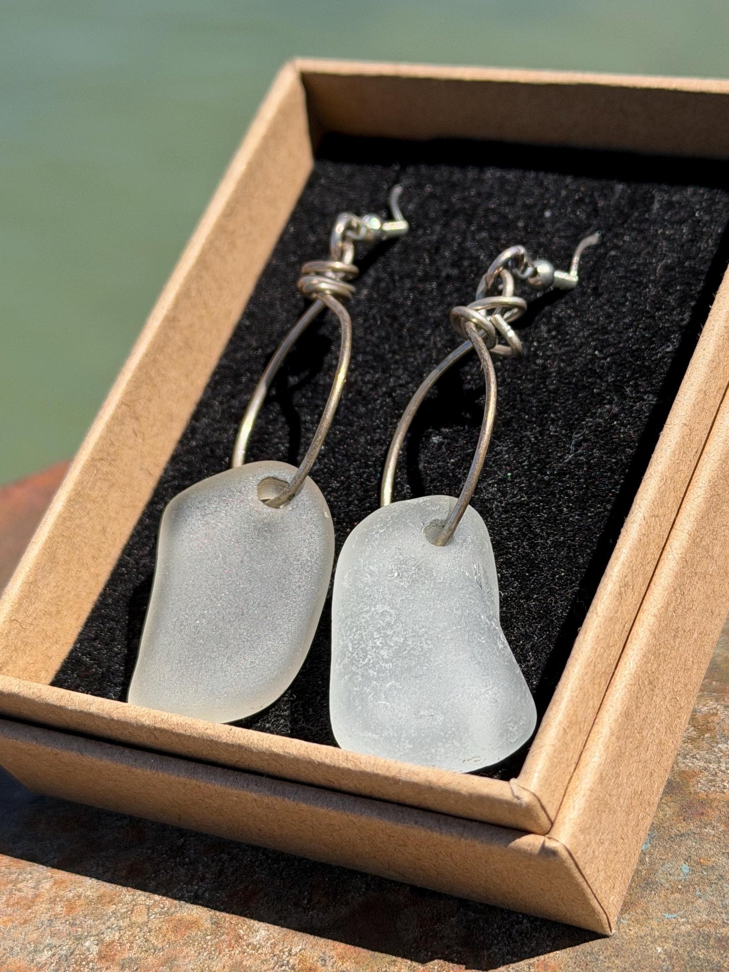 Handmade earrings.  Recycled earrings, sea glass earrings on sterling silver. Handmade gift for her, ethical jewellery, sea glass jewellery