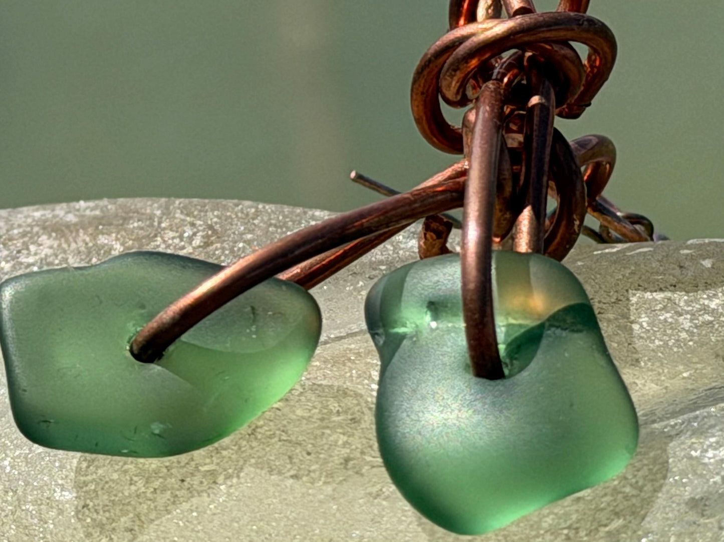 Handmade green sea glass on recycled copper. Unique earrings, ethical jewellery, unusual jewellery, eco friendly jewellery. Quirky jewellery