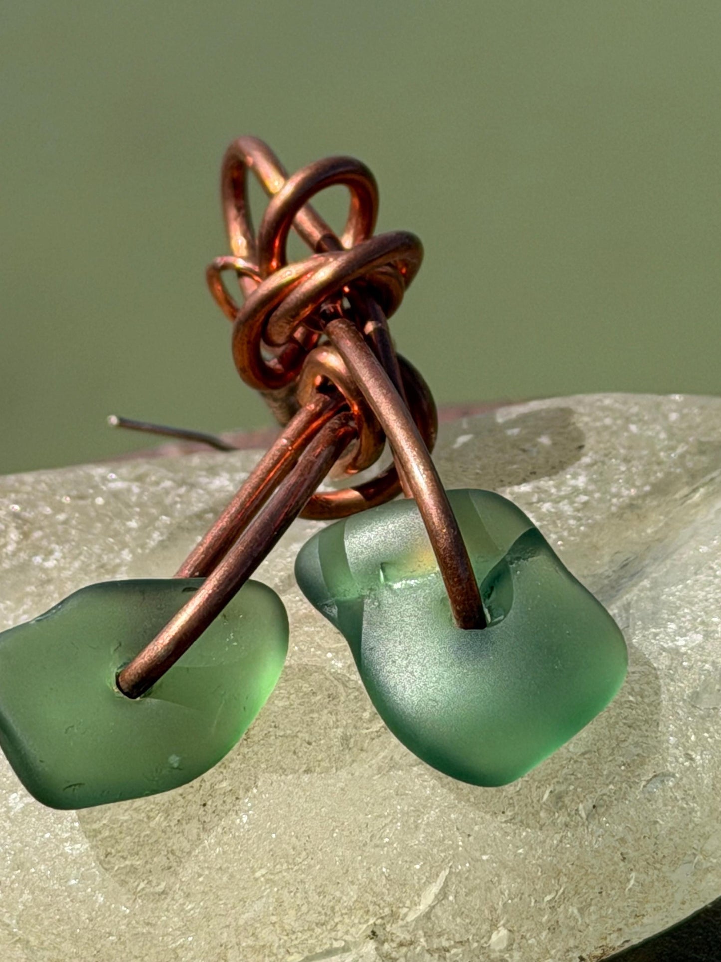 Handmade green sea glass on recycled copper. Unique earrings, ethical jewellery, unusual jewellery, eco friendly jewellery. Quirky jewellery