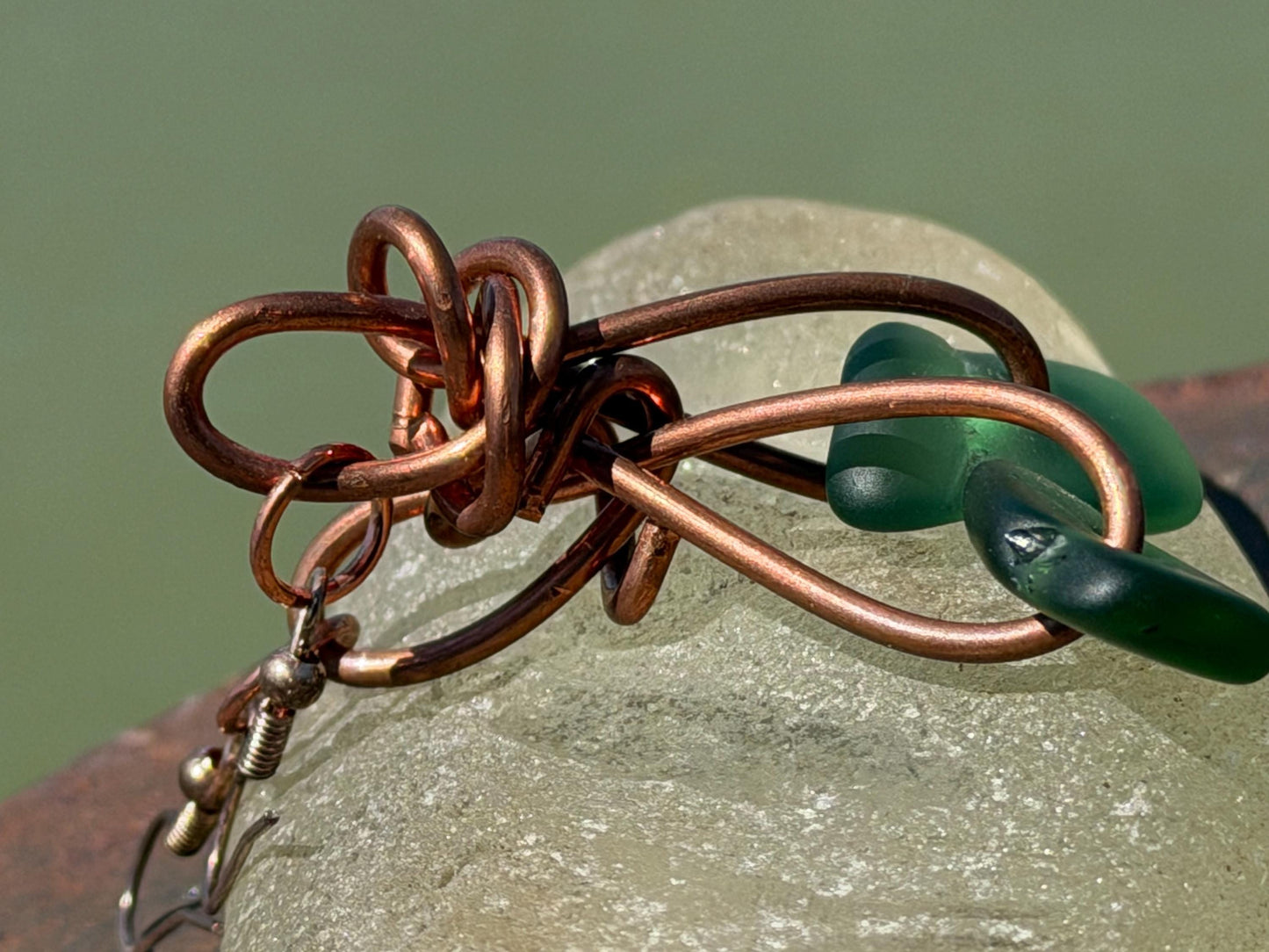 Handmade green sea glass on recycled copper. Unique earrings, ethical jewellery, unusual jewellery, eco friendly jewellery. Quirky jewellery