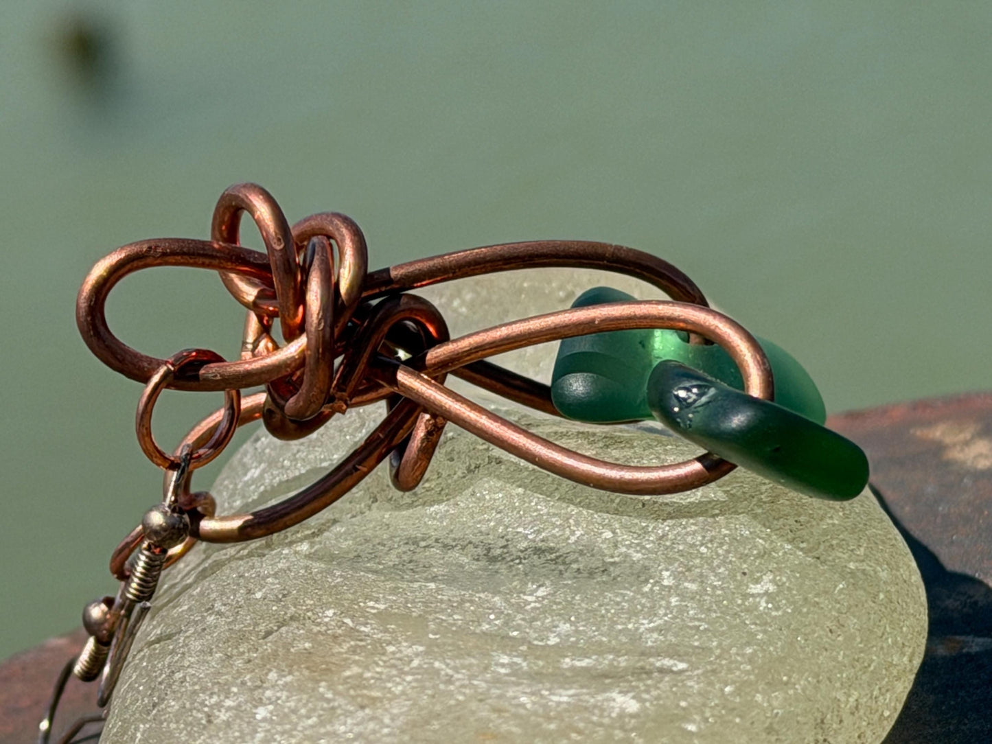 Handmade green sea glass on recycled copper. Unique earrings, ethical jewellery, unusual jewellery, eco friendly jewellery. Quirky jewellery