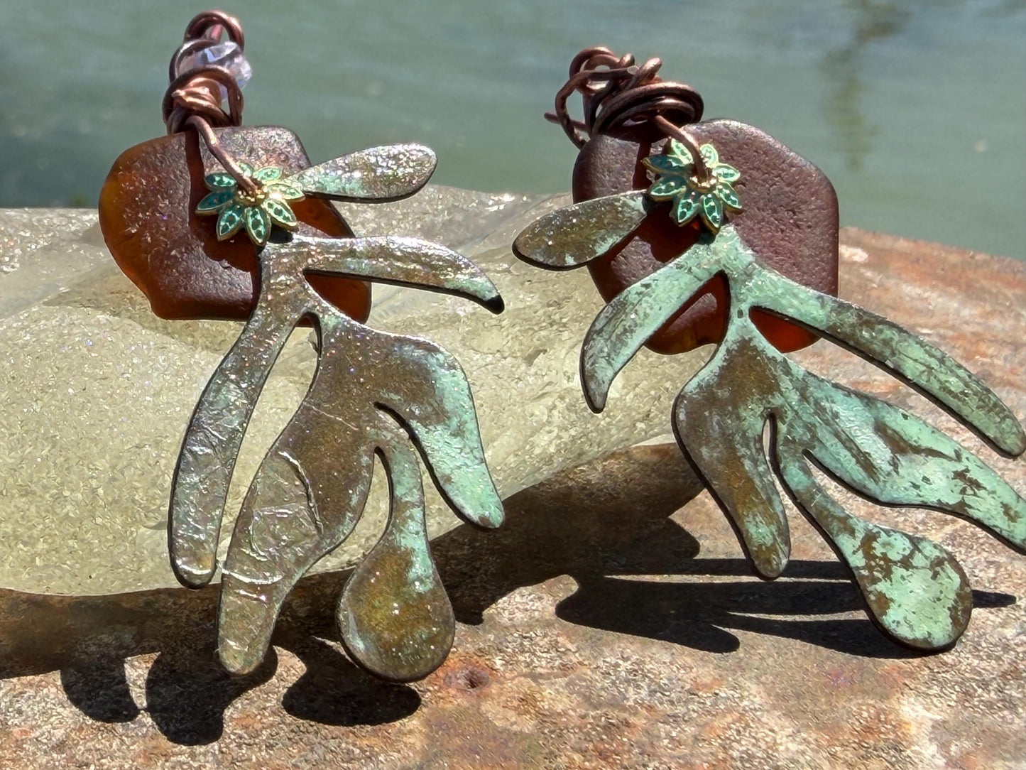 Eco friendly sea glass, leaf & recycled copper earrings. Unique earrings, ethical jewellery, unusual boho jewellery, eco friendly jewellery.