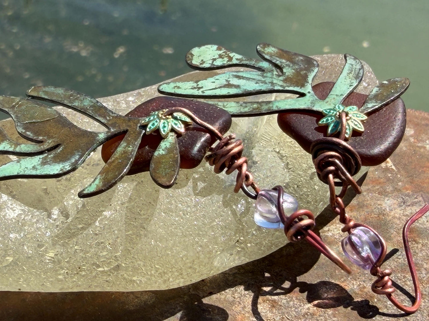 Eco friendly sea glass, leaf & recycled copper earrings. Unique earrings, ethical jewellery, unusual boho jewellery, eco friendly jewellery.