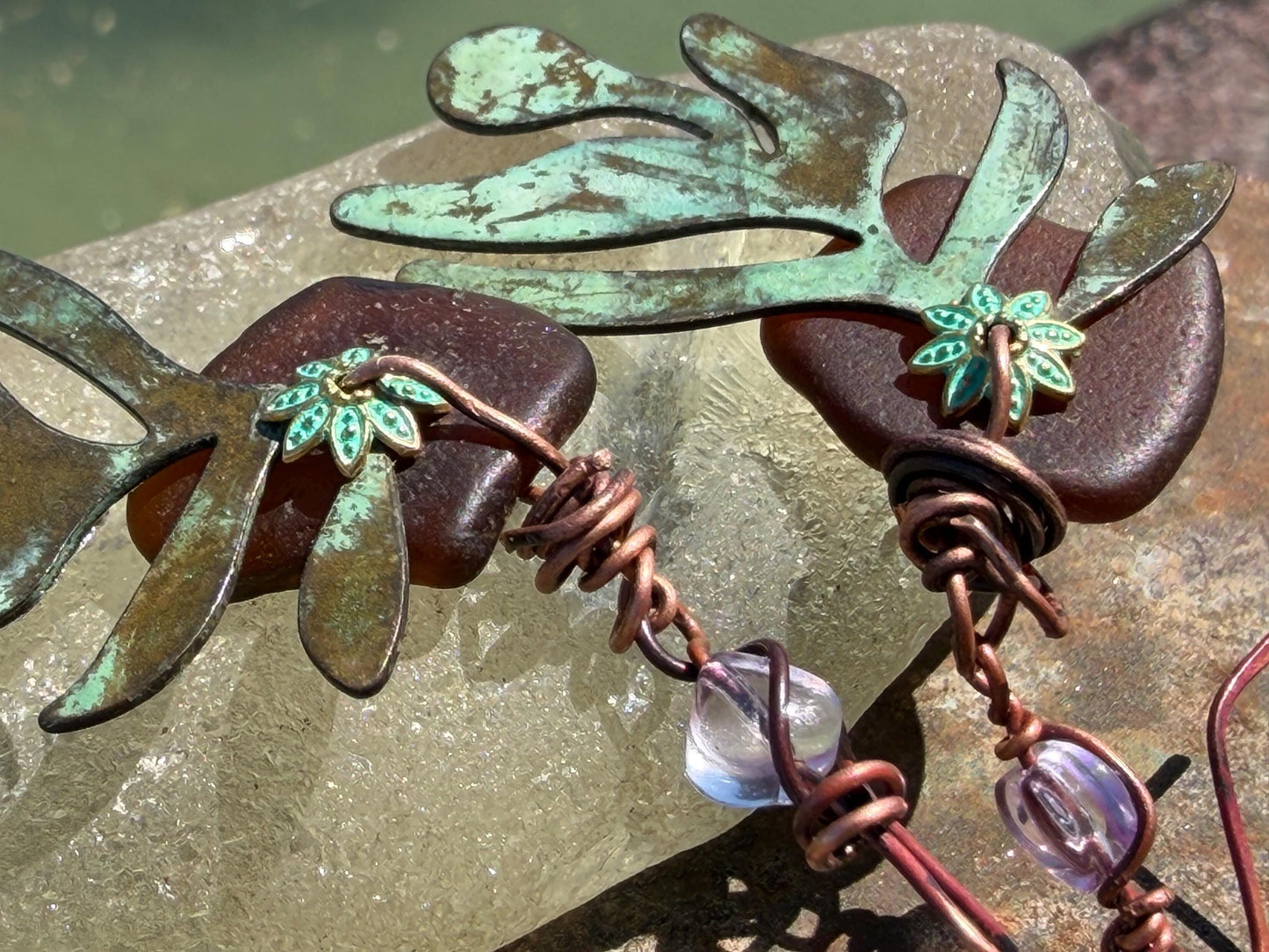 Eco friendly sea glass, leaf & recycled copper earrings. Unique earrings, ethical jewellery, unusual boho jewellery, eco friendly jewellery.