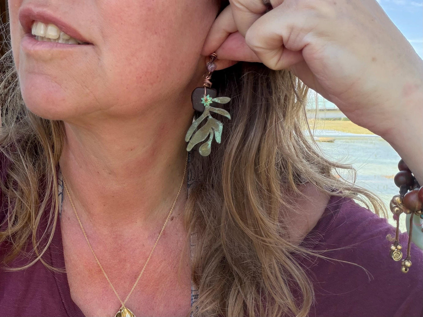 Eco friendly sea glass, leaf & recycled copper earrings. Unique earrings, ethical jewellery, unusual boho jewellery, eco friendly jewellery.