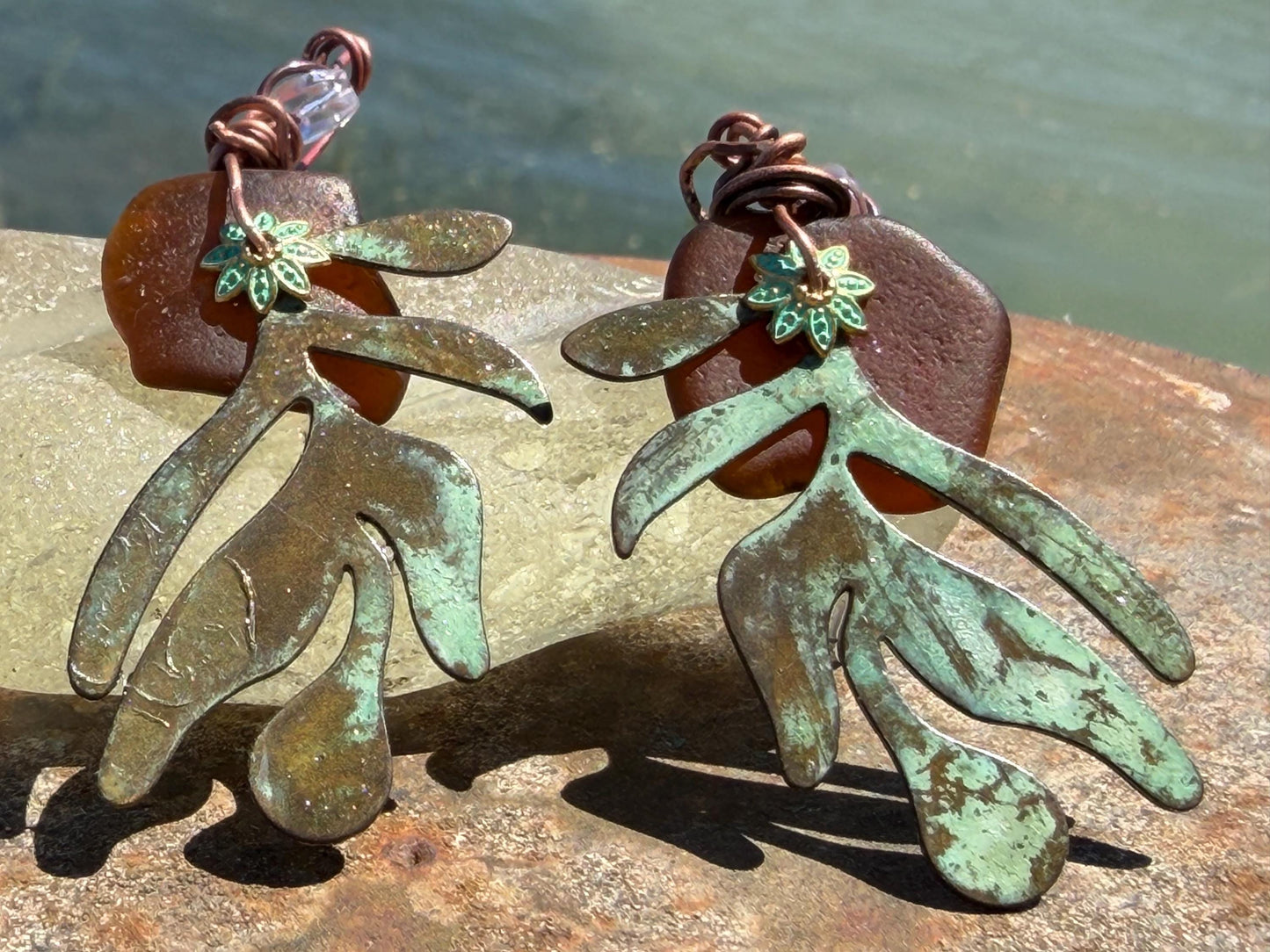 Eco friendly sea glass, leaf & recycled copper earrings. Unique earrings, ethical jewellery, unusual boho jewellery, eco friendly jewellery.