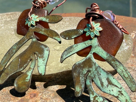 Eco friendly sea glass, leaf & recycled copper earrings. Unique earrings, ethical jewellery, unusual boho jewellery, eco friendly jewellery.