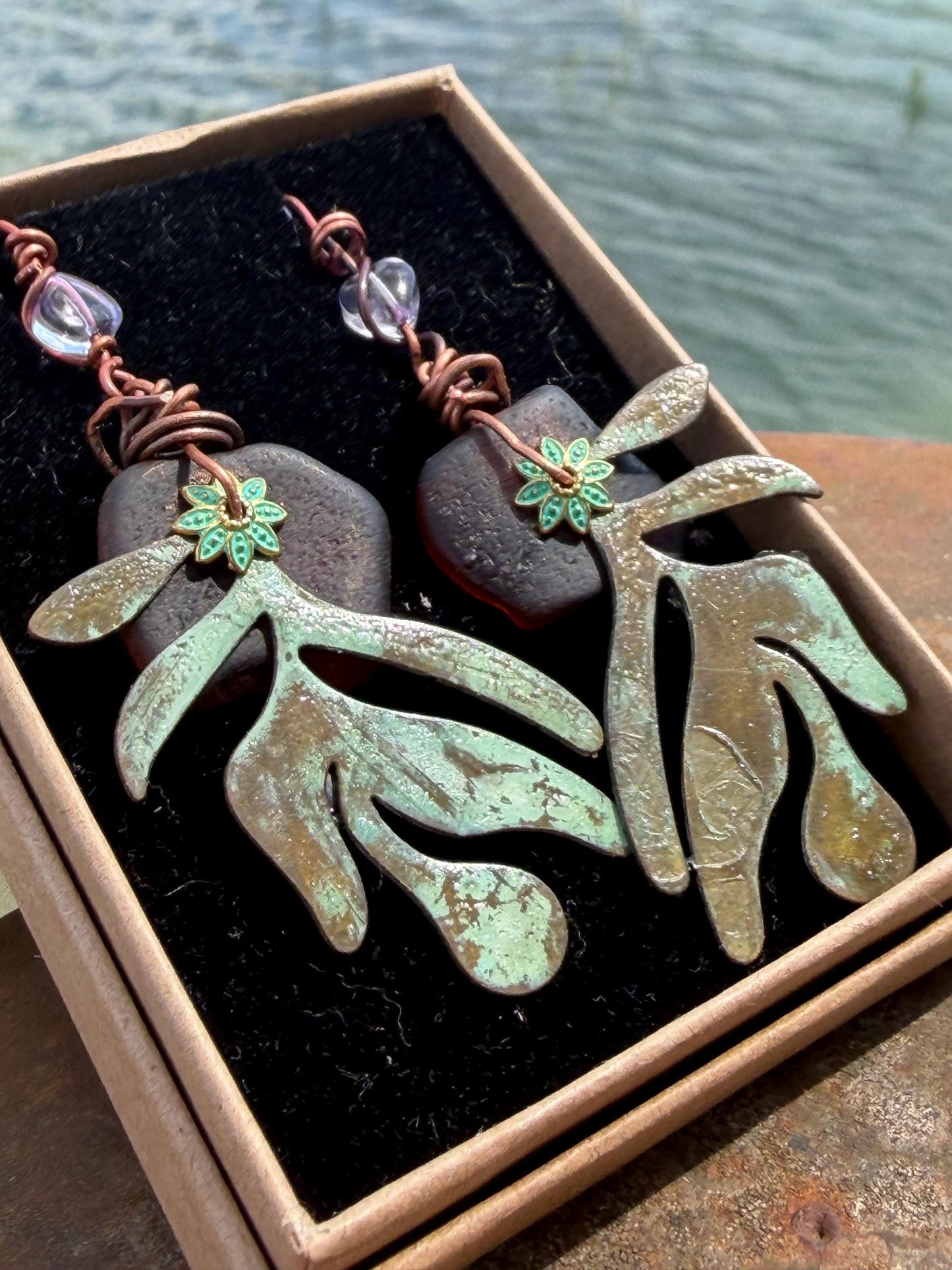 Eco friendly sea glass, leaf & recycled copper earrings. Unique earrings, ethical jewellery, unusual boho jewellery, eco friendly jewellery.