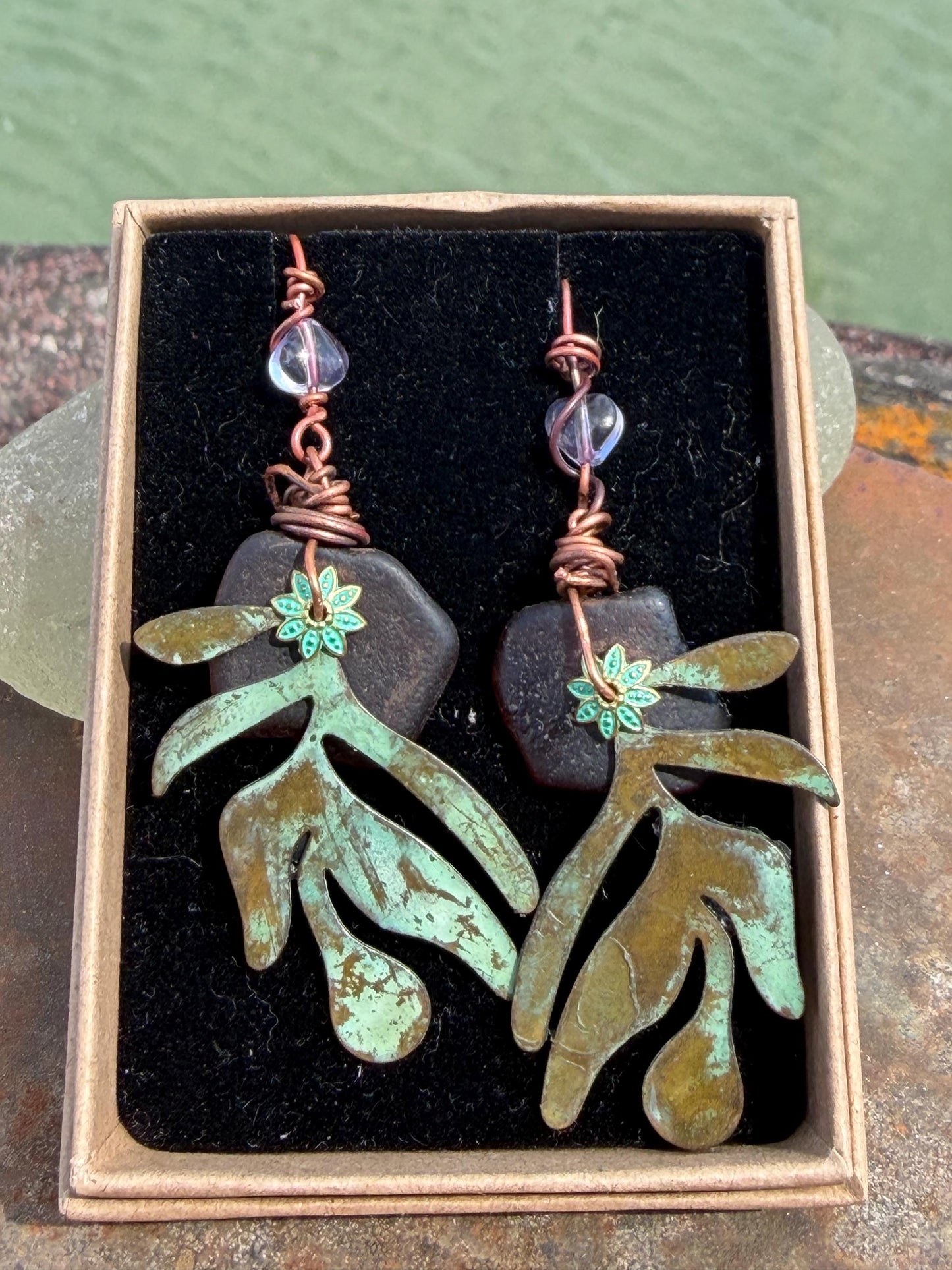 Eco friendly sea glass, leaf & recycled copper earrings. Unique earrings, ethical jewellery, unusual boho jewellery, eco friendly jewellery.