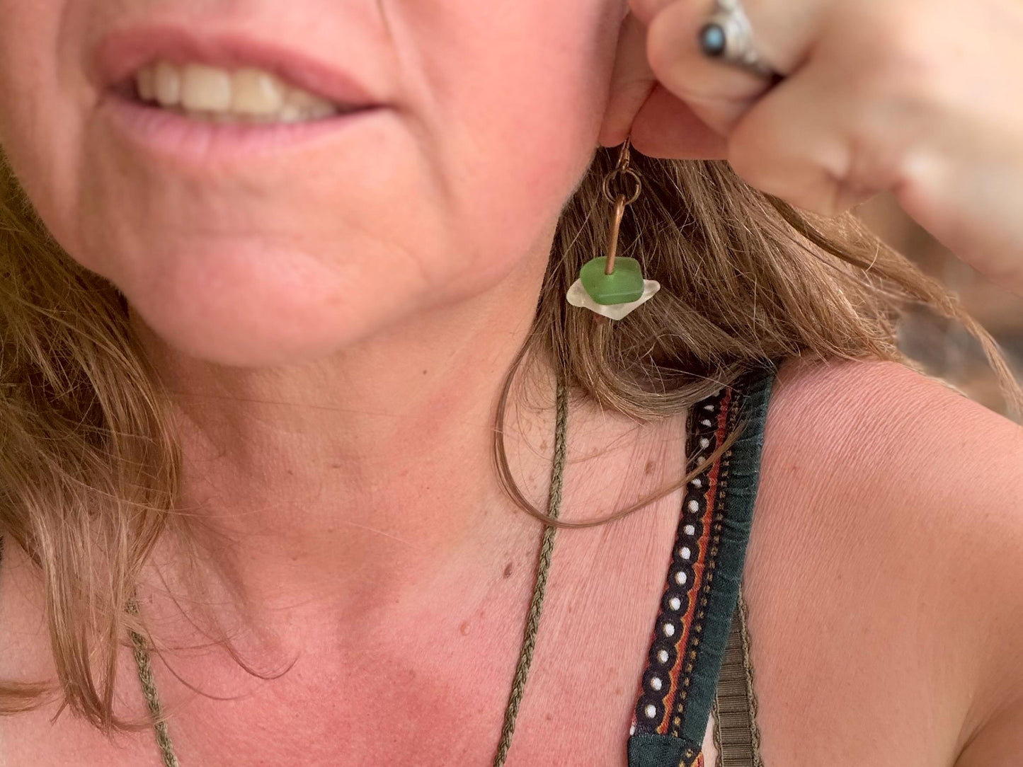 Handmade green & white sea glass on recycled copper. Unique earrings, ethical jewellery, unusual jewellery, eco friendly jewellery.