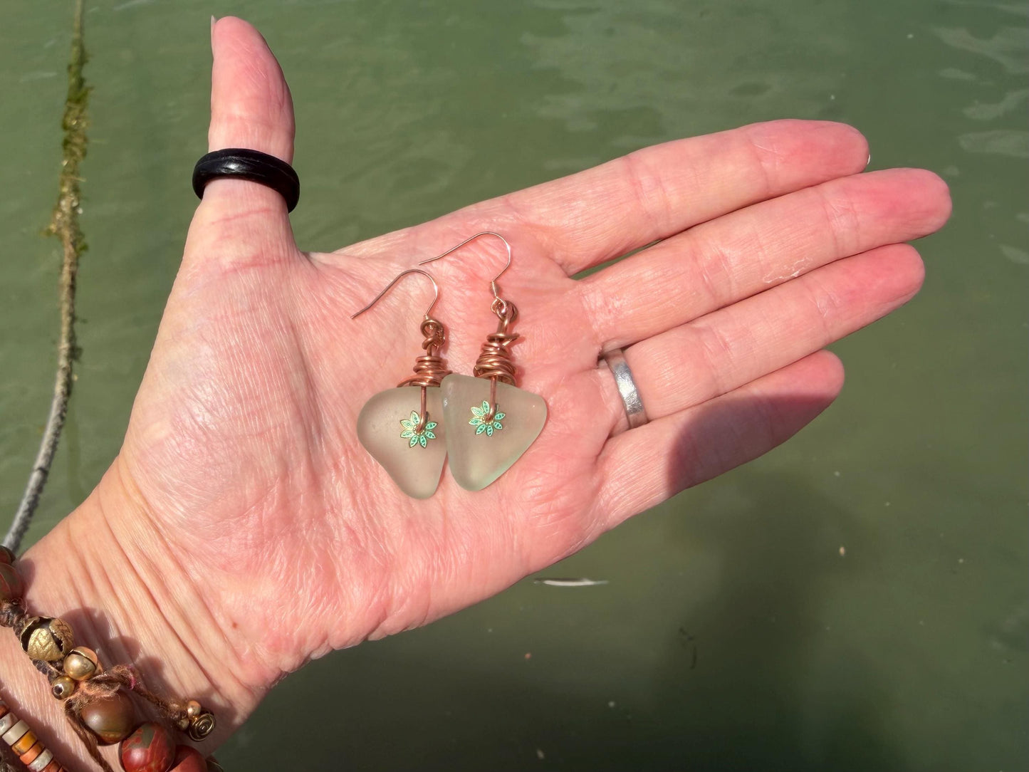 Eco friendly aqua sea glass and recycled copper earrings. Unique earrings, ethical jewellery, unusual boho jewellery, sea glass jewellery.