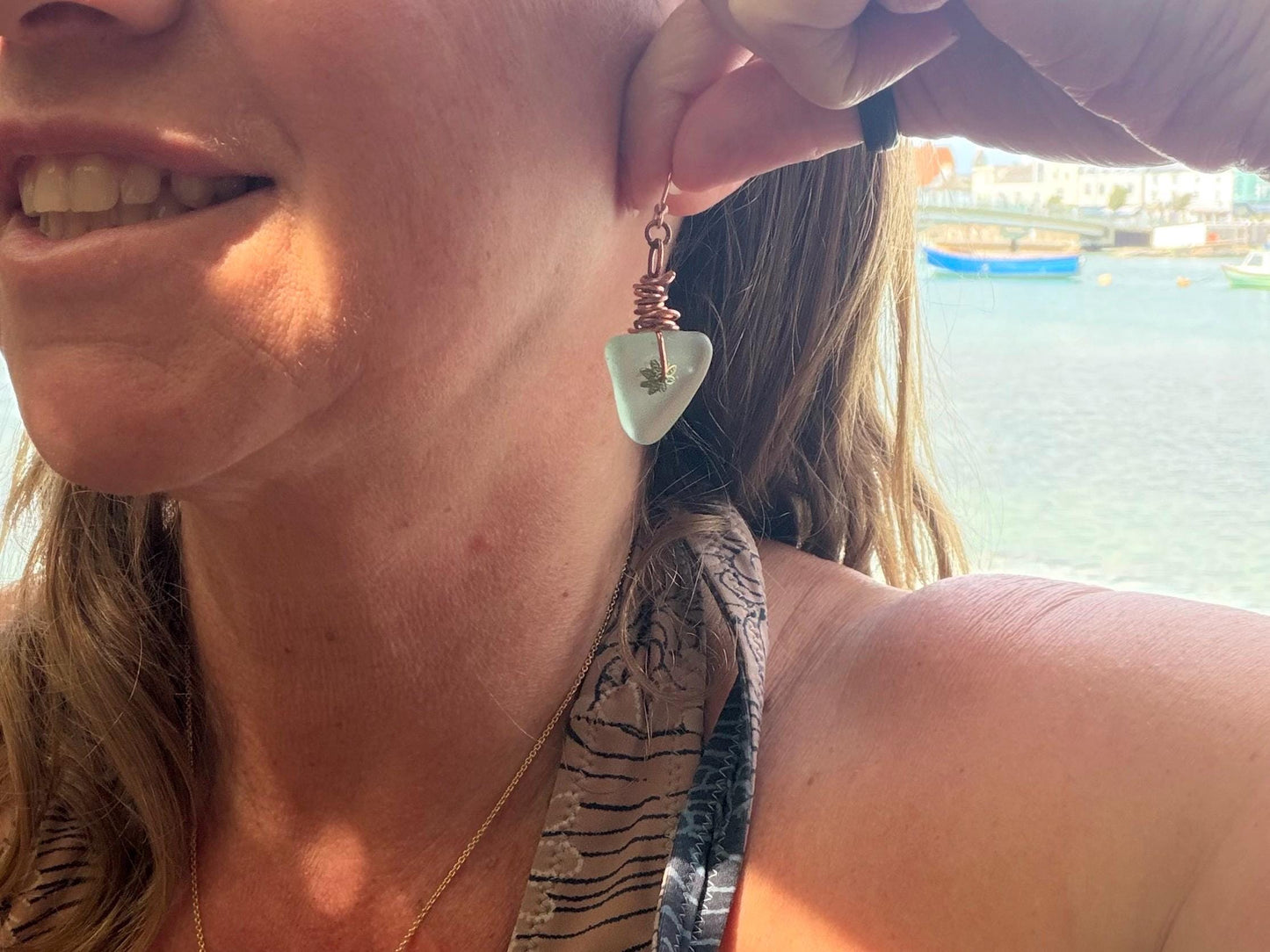 Eco friendly aqua sea glass and recycled copper earrings. Unique earrings, ethical jewellery, unusual boho jewellery, sea glass jewellery.