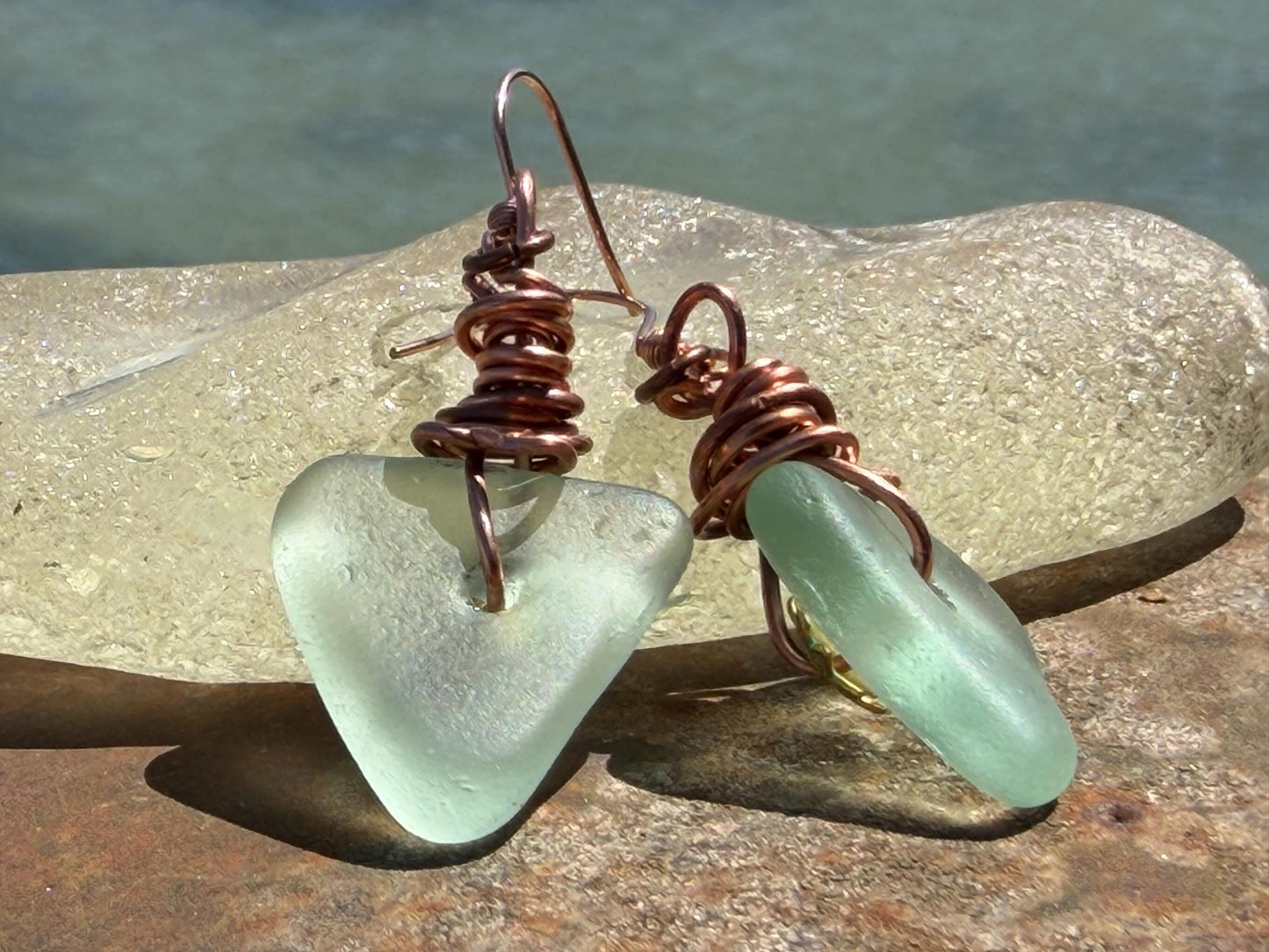 Eco friendly aqua sea glass and recycled copper earrings. Unique earrings, ethical jewellery, unusual boho jewellery, sea glass jewellery.
