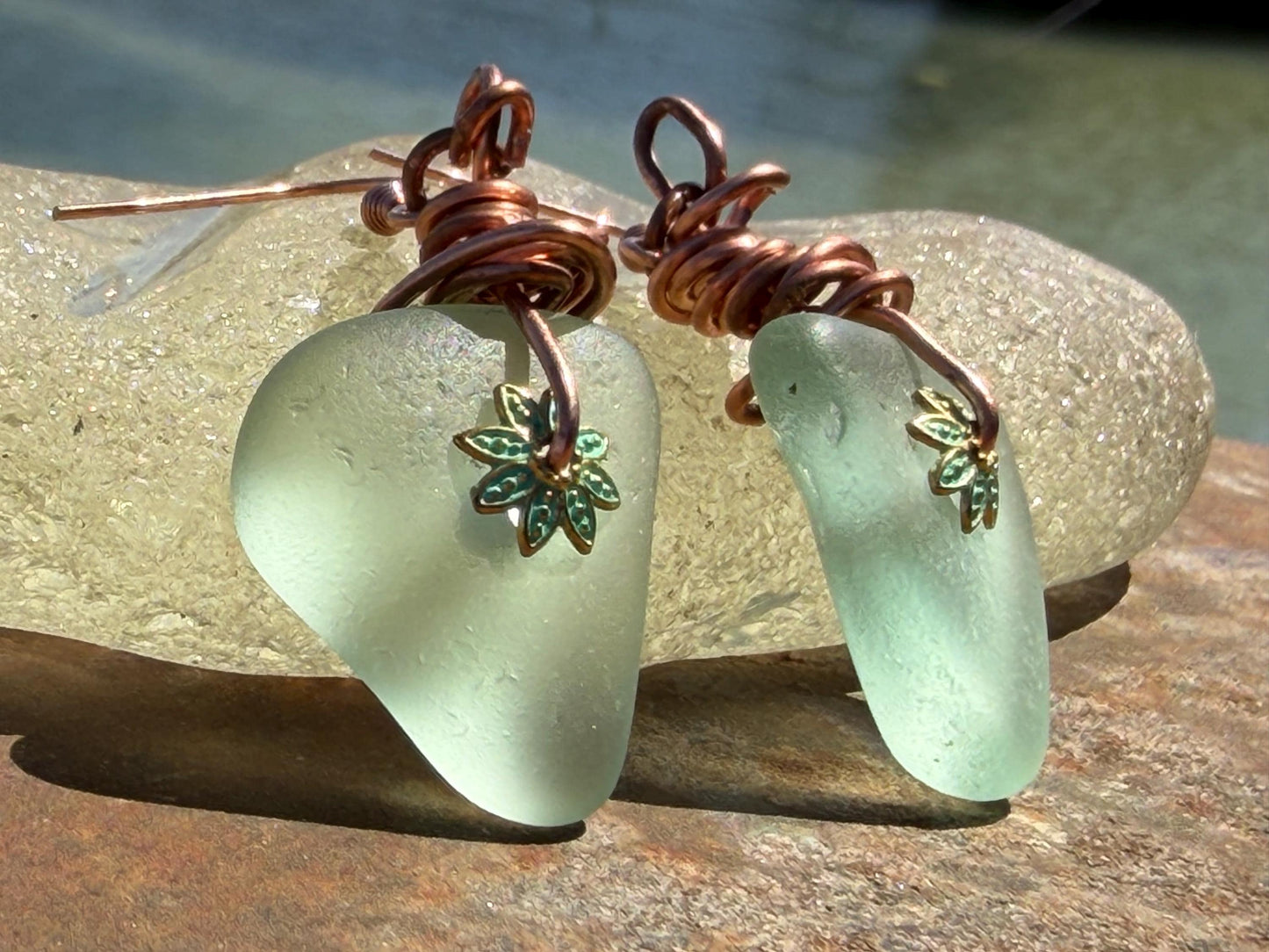 Eco friendly aqua sea glass and recycled copper earrings. Unique earrings, ethical jewellery, unusual boho jewellery, sea glass jewellery.
