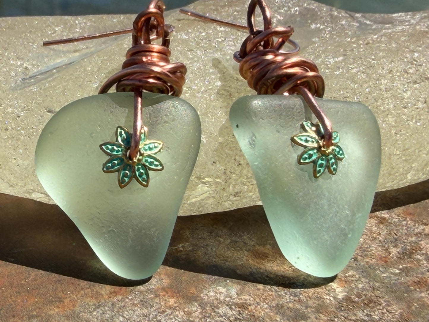 Eco friendly aqua sea glass and recycled copper earrings. Unique earrings, ethical jewellery, unusual boho jewellery, sea glass jewellery.