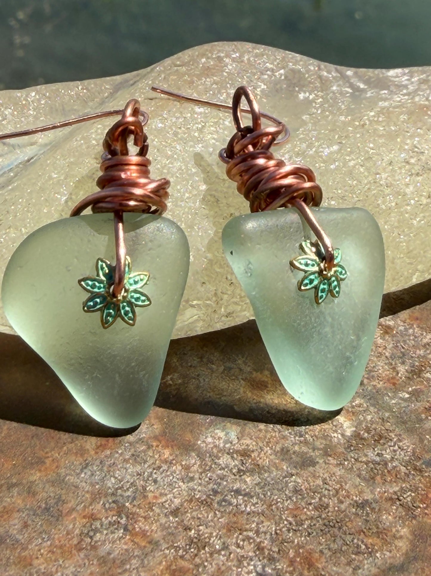 Eco friendly aqua sea glass and recycled copper earrings. Unique earrings, ethical jewellery, unusual boho jewellery, sea glass jewellery.