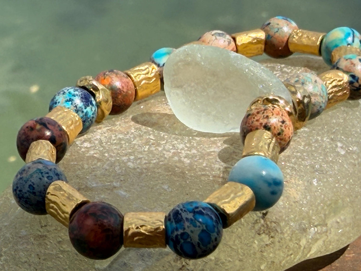 Ocean jasper & sea glass bracelet, handmade gift for him or her. Ethical jewellery, handmade unique jewellery. Unusual gifts for women