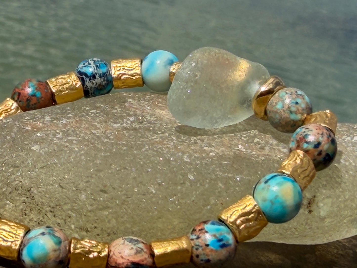 Ocean jasper & sea glass bracelet, handmade gift for him or her. Ethical jewellery, handmade unique jewellery. Unusual gifts for women