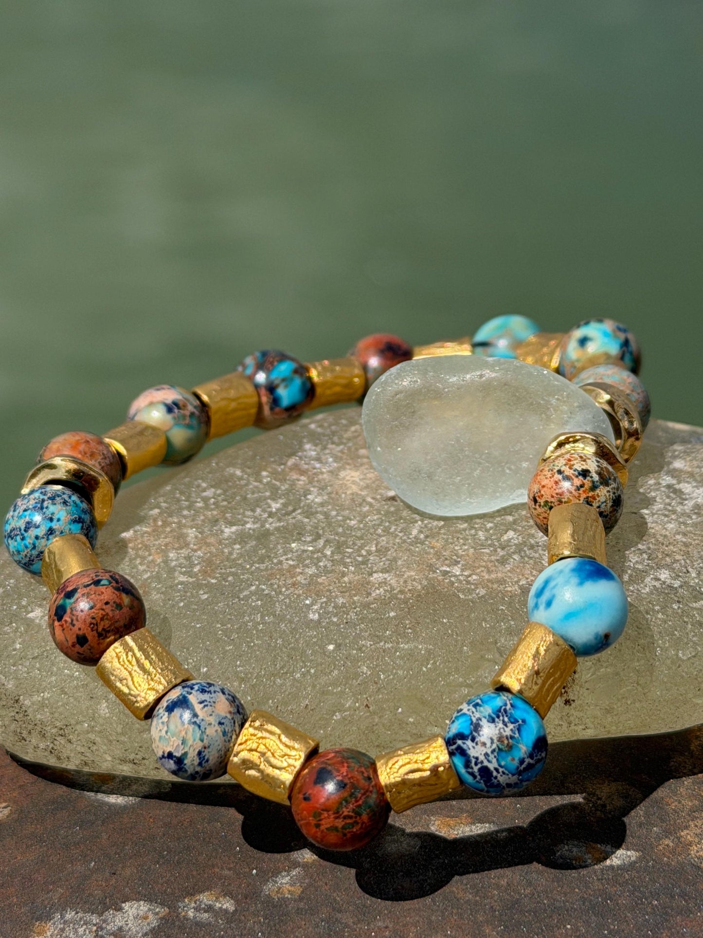 Ocean jasper & sea glass bracelet, handmade gift for him or her. Ethical jewellery, handmade unique jewellery. Unusual gifts for women
