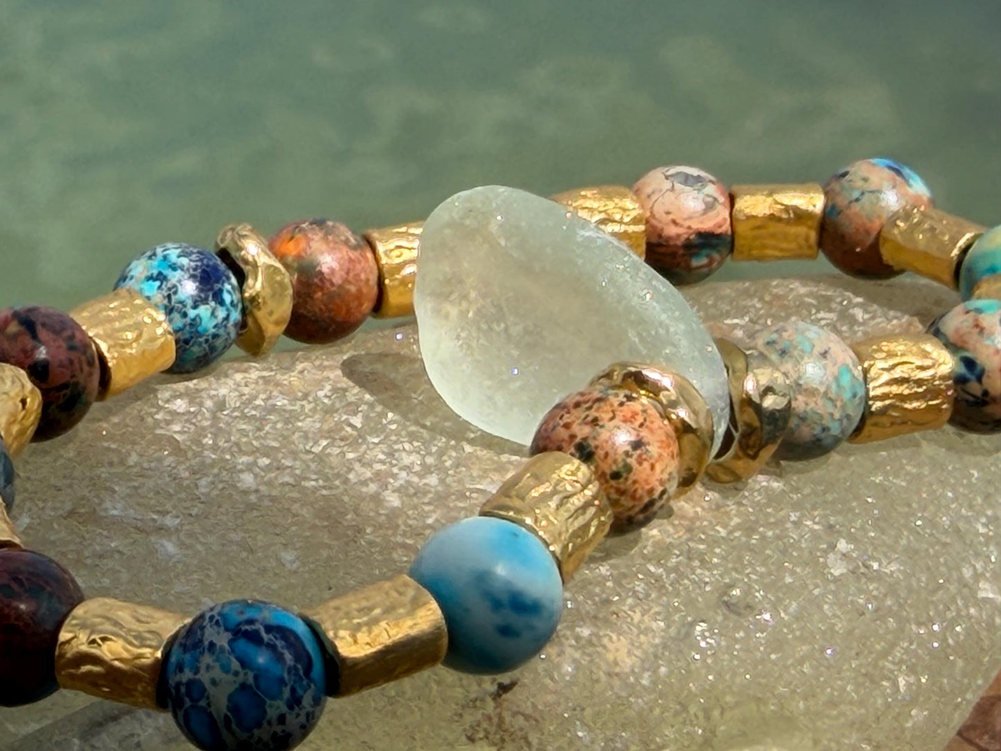 Ocean jasper & sea glass bracelet, handmade gift for him or her. Ethical jewellery, handmade unique jewellery. Unusual gifts for women