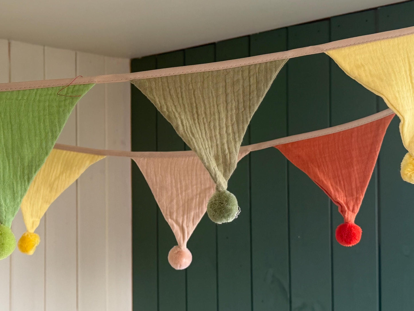 Cotton Pom Pom bunting in lovely earthy tones. Autumnal bunting. Cotton bunting with long ties. Boho bunting for home, garden and parties