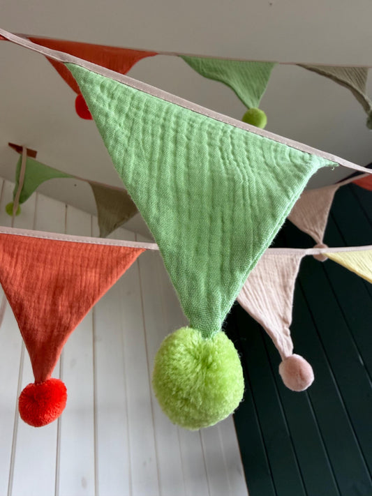 Cotton Pom Pom bunting in lovely earthy tones. Autumnal bunting. Cotton bunting with long ties. Boho bunting for home, garden and parties