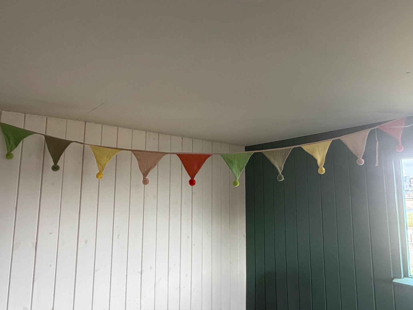 Cotton Pom Pom bunting in lovely earthy tones. Autumnal bunting. Cotton bunting with long ties. Boho bunting for home, garden and parties