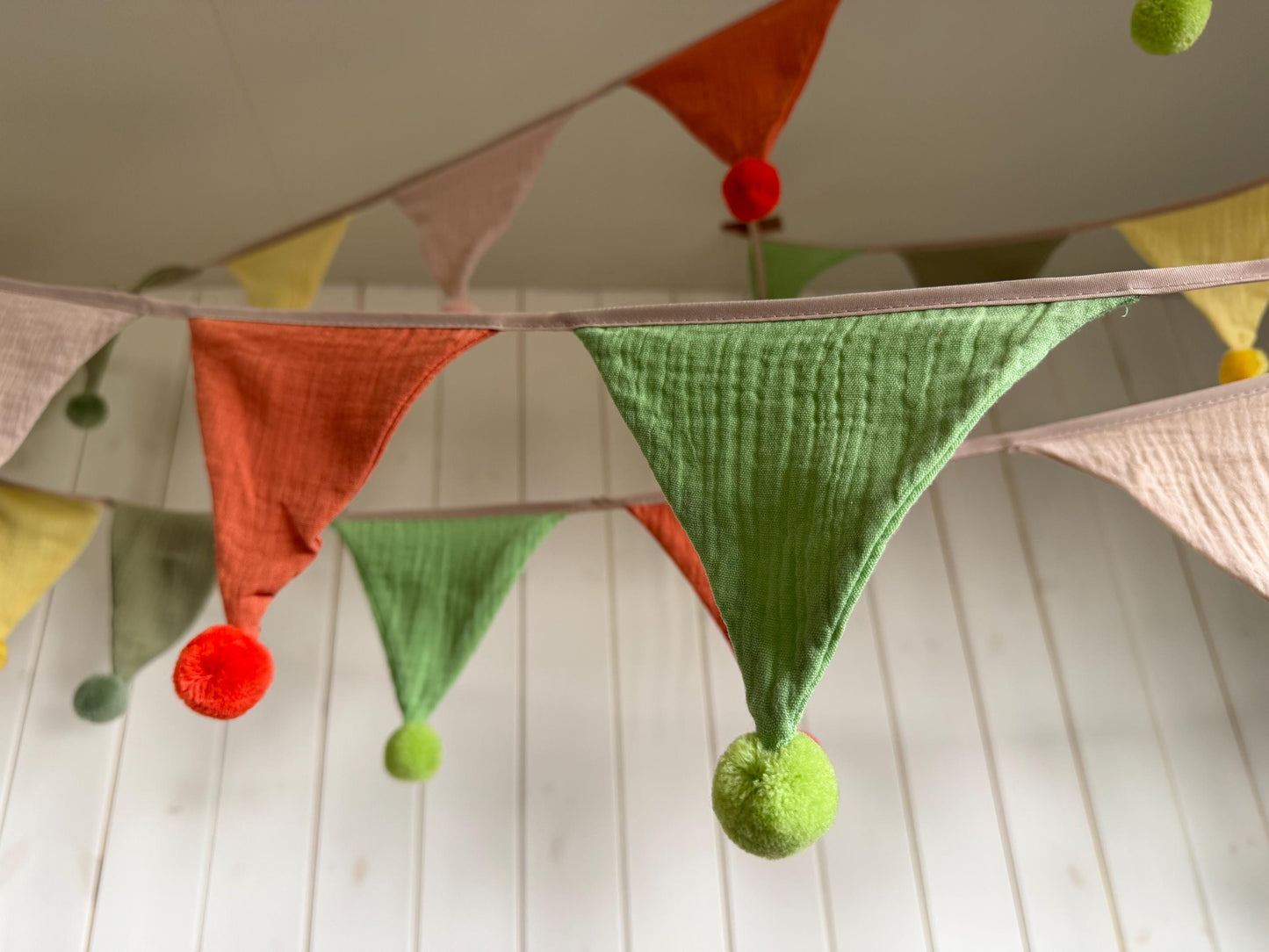 Cotton Pom Pom bunting in lovely earthy tones. Autumnal bunting. Cotton bunting with long ties. Boho bunting for home, garden and parties