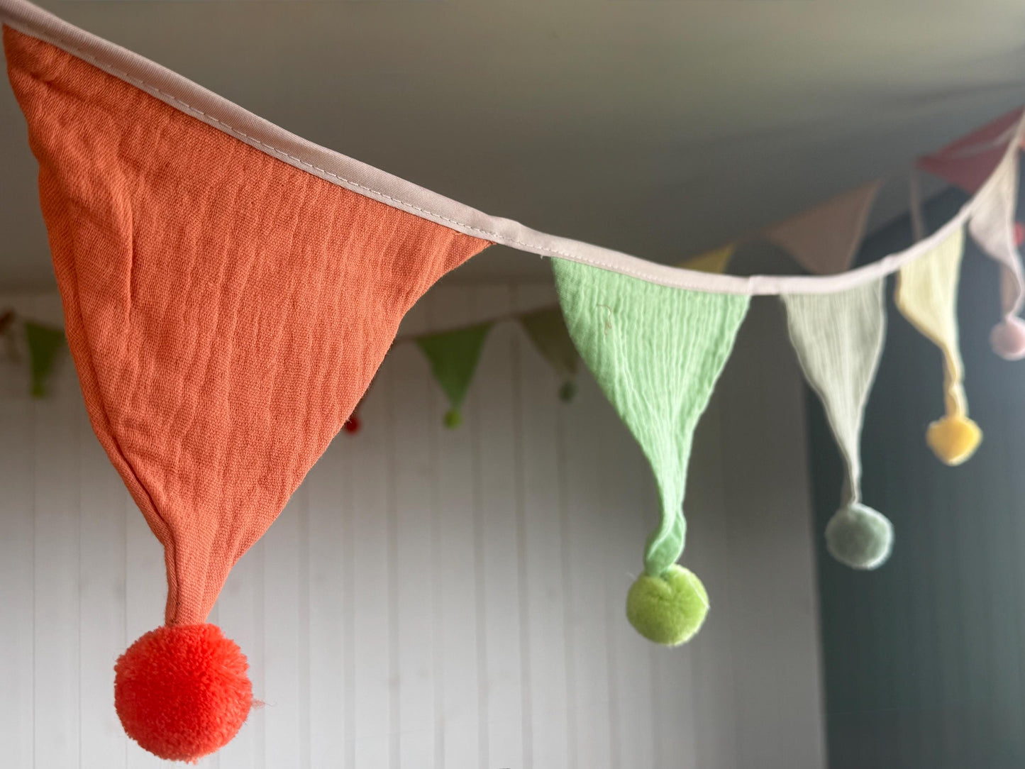 Cotton Pom Pom bunting in lovely earthy tones. Autumnal bunting. Cotton bunting with long ties. Boho bunting for home, garden and parties