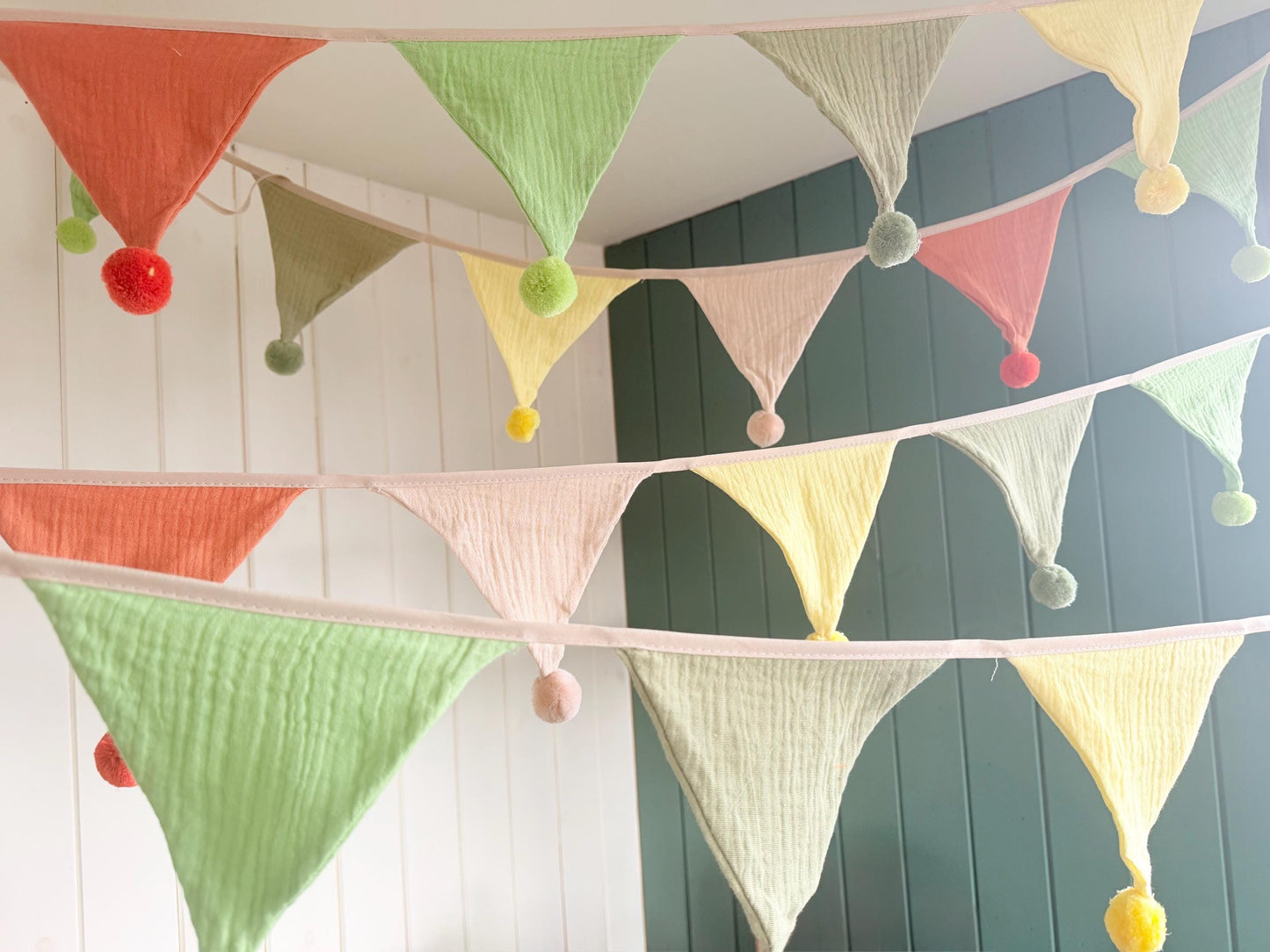 Cotton Pom Pom bunting in lovely earthy tones. Autumnal bunting. Cotton bunting with long ties. Boho bunting for home, garden and parties