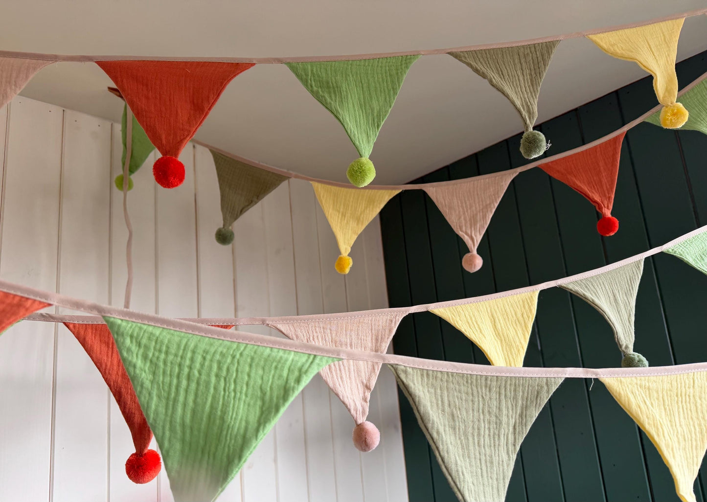 Cotton Pom Pom bunting in lovely earthy tones. Autumnal bunting. Cotton bunting with long ties. Boho bunting for home, garden and parties