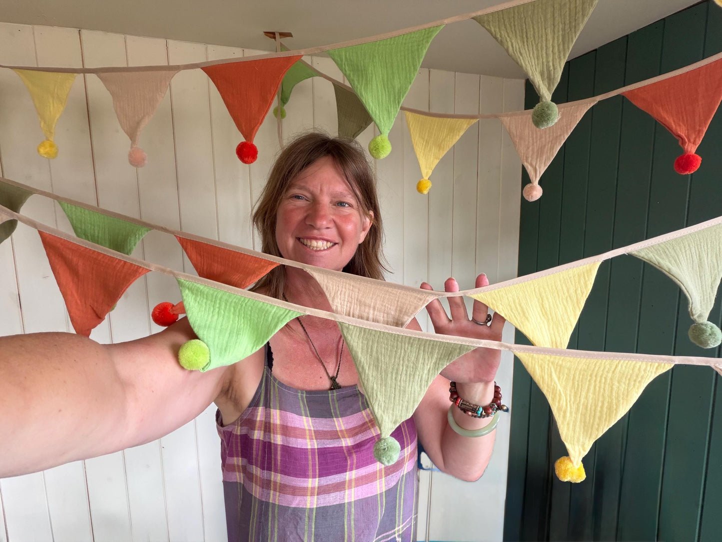 Cotton Pom Pom bunting in lovely earthy tones. Autumnal bunting. Cotton bunting with long ties. Boho bunting for home, garden and parties
