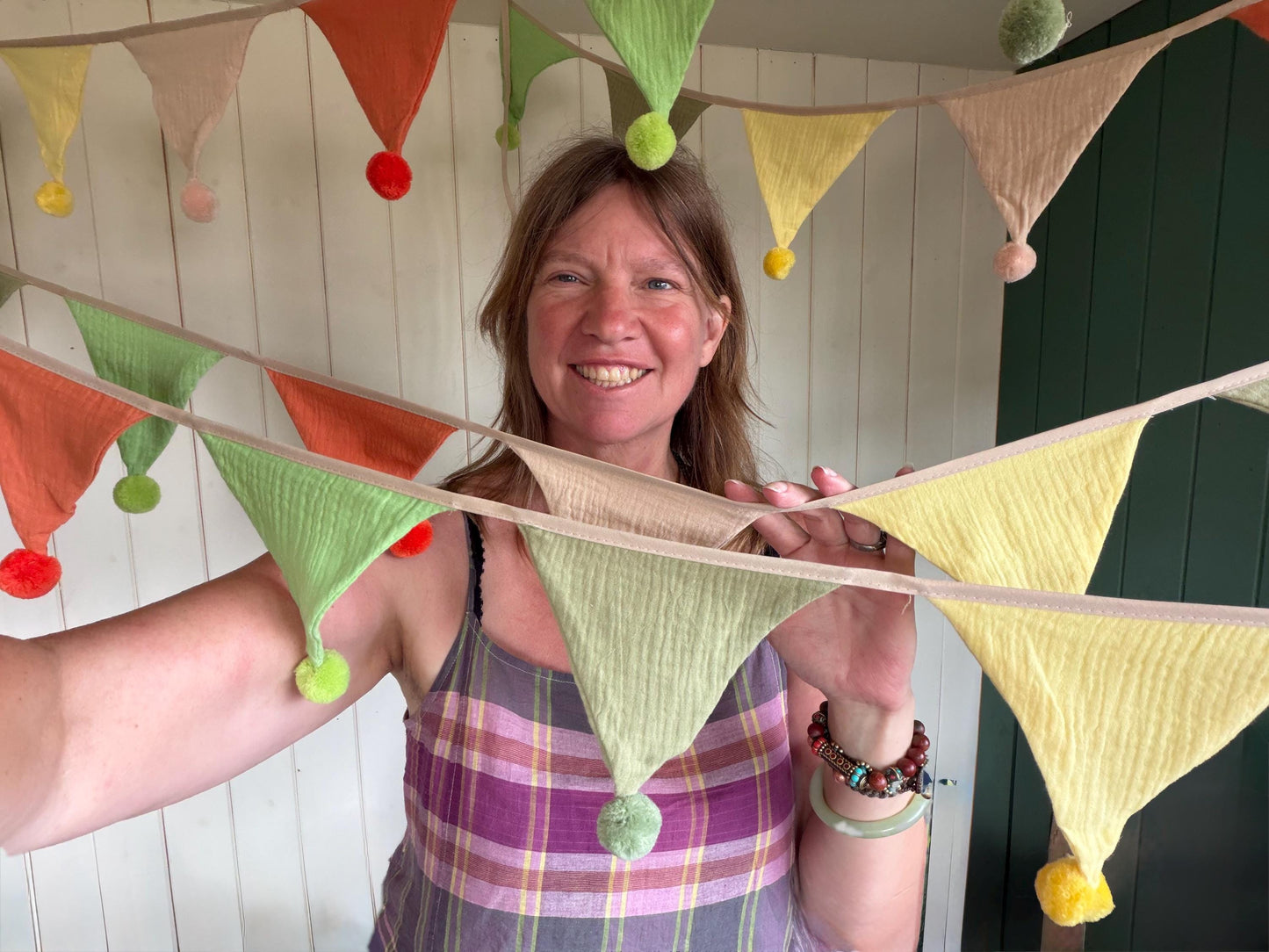 Cotton Pom Pom bunting in lovely earthy tones. Autumnal bunting. Cotton bunting with long ties. Boho bunting for home, garden and parties